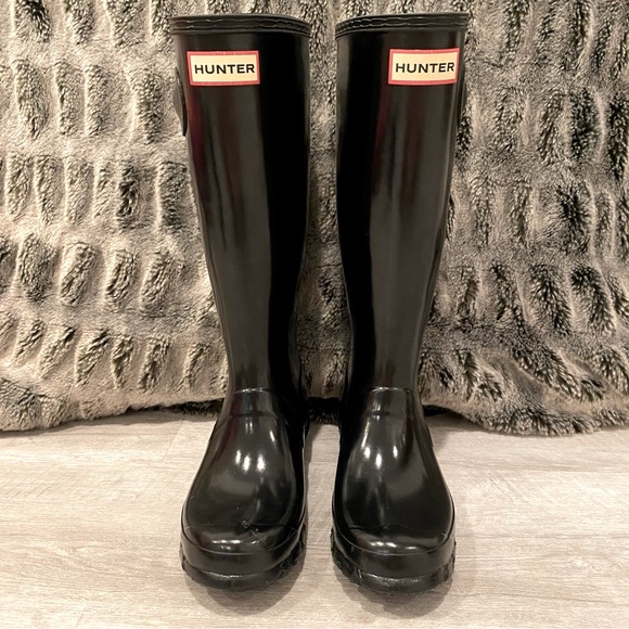 EXCELLENT Condition Kids Hunter Tall Rain Boots Black Gloss Reflective - Picture 2 of 14